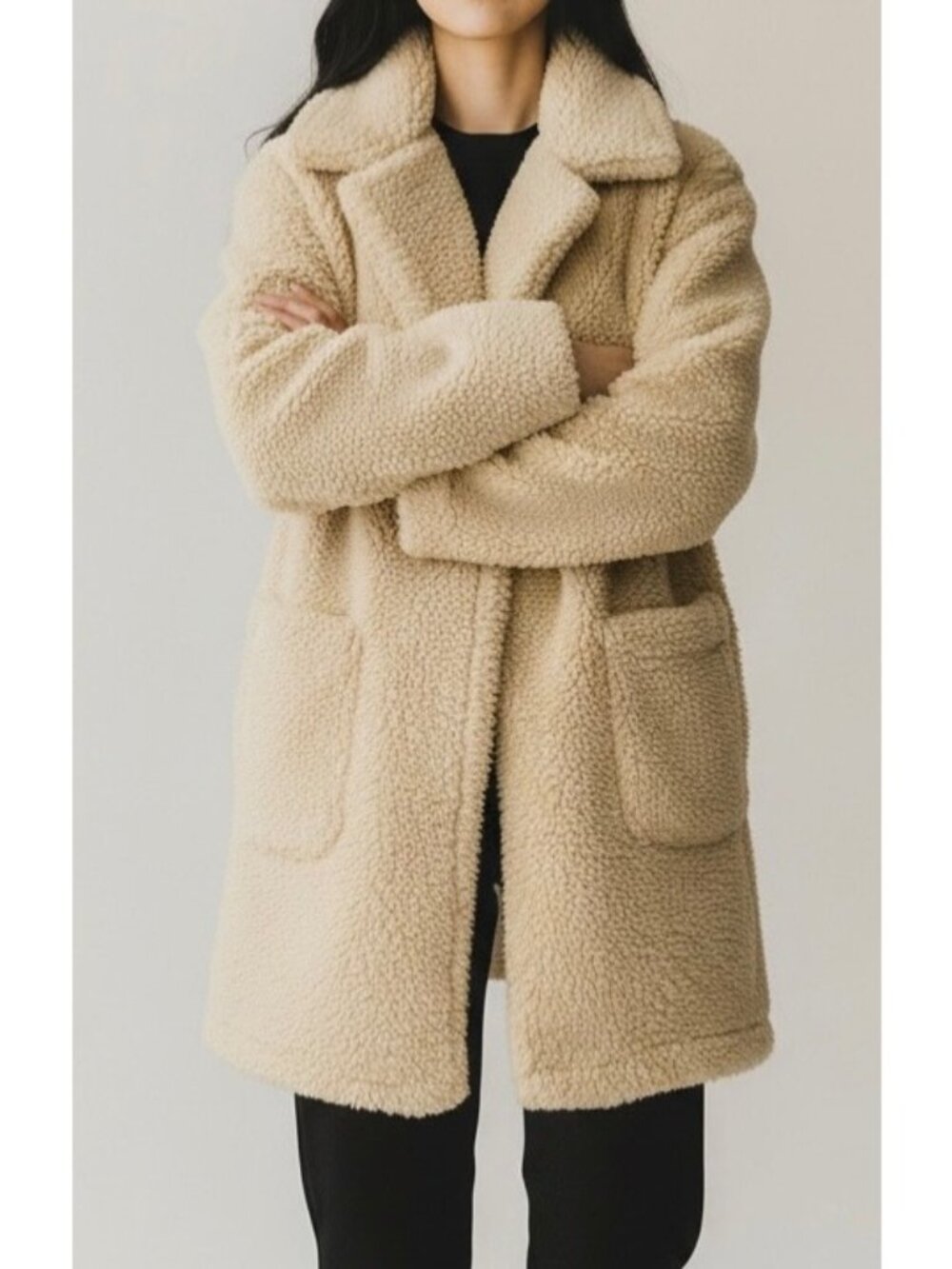 MIND CODE Womens Teddy Bear Coat Medium Cream Faux Fur Fleece Open Front Jacket
